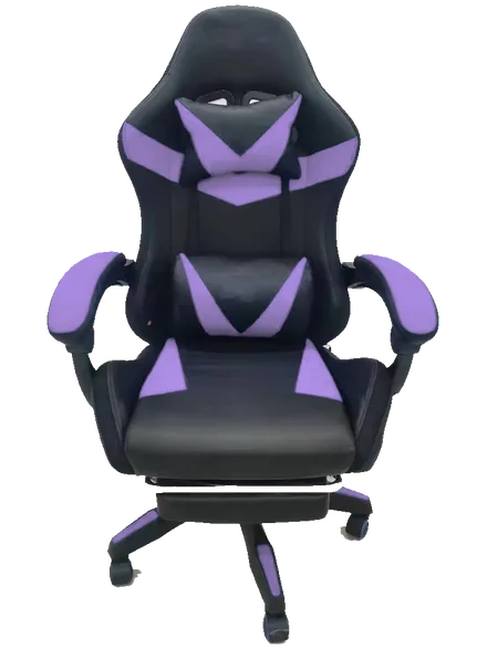 Silla gamer morada reclinable, con reposapiés y cojines — Amatista, morado y negro