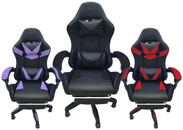Silla gamer reclinable con masaje, reposapiés y cojines lumbar y cervical: la negra al centro, la morada y la roja a los lados, tres de los nueve colores