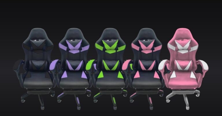 Cinco sillas gamer reclinables en fila sobre fondo oscuro: negra total, morada y negra, verde y negra, rosada y negra, y rosada y blanca