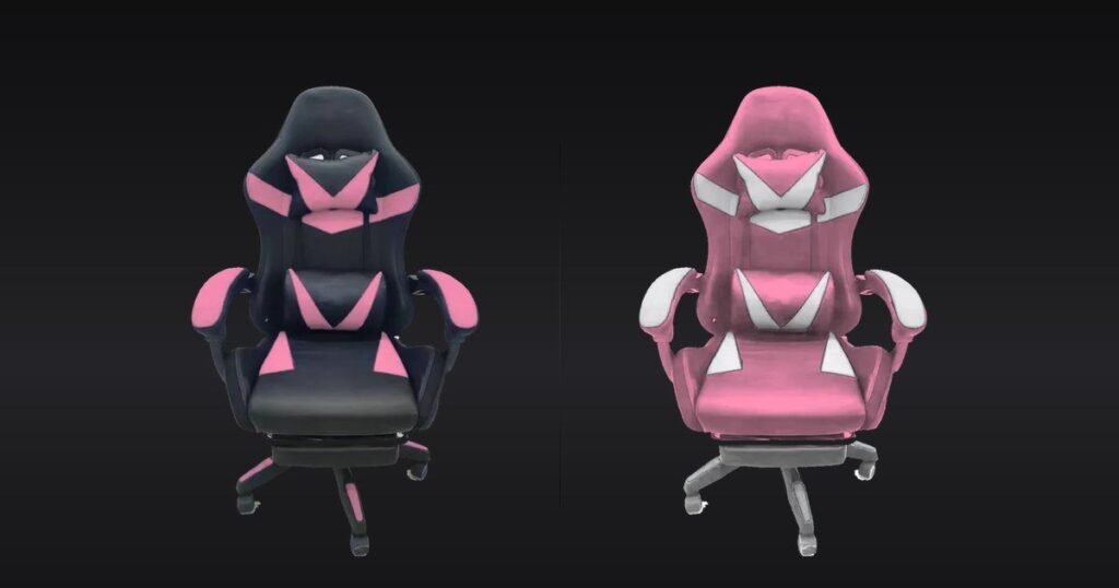 Dos sillas gamer rosadas lado a lado sobre fondo oscuro: la de la izquierda con cuerpo negro y detalles rosados, la de la derecha con cuerpo rosado y detalles blancos